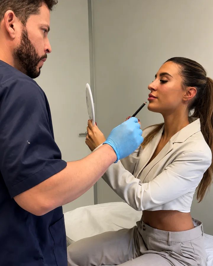 El Dr. Andrés Gómez marca el contorno facial de una paciente antes de la perfiloplastia