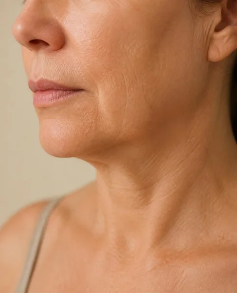 Óvalo facial con flacidez leve, vista de perfil