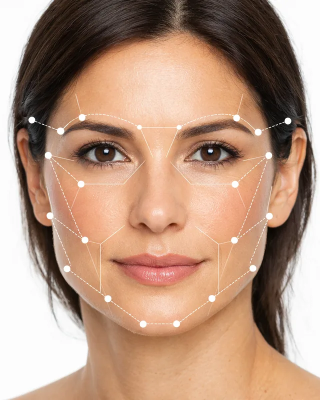 Rostro con líneas de análisis de proporciones faciales